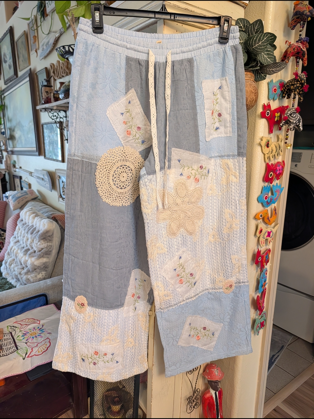 Bohemian Patchwork Wide-Leg Pants in Light Blue - Picture 14 of 15